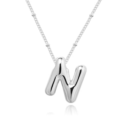 Ewrkbrㅤ Initial Necklaces for Women, 14k Gold Plated Bubble Letter Necklace Chunky Gold Necklace Dainty Charm Initial Necklaces for Women Trendy Custom Preppy Stocking Stuff Necklace Christmas Gifts - color: Silver, style: N
