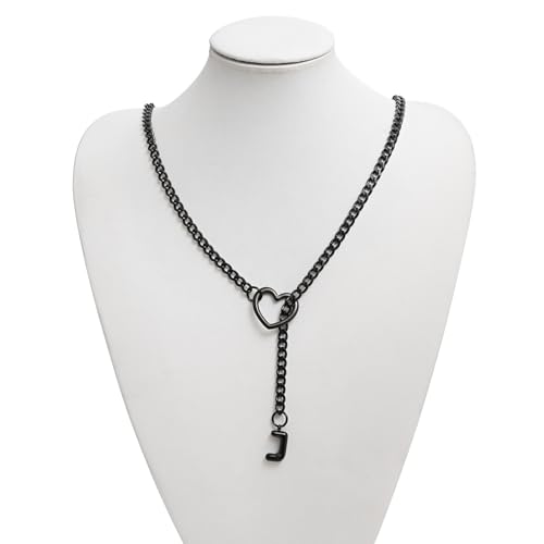 sroyte Black Heart Slip Chain Initial Necklaces for Women,Stainless Steel O-Ring Adjustable Lariat Heart Y-Necklace,Punk Gothic Cuban Collar Choker Necklace for women - color: Black J