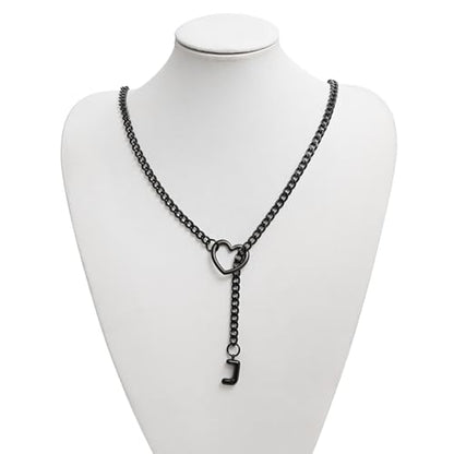 sroyte Black Heart Slip Chain Initial Necklaces for Women,Stainless Steel O-Ring Adjustable Lariat Heart Y-Necklace,Punk Gothic Cuban Collar Choker Necklace for women - color: Black J