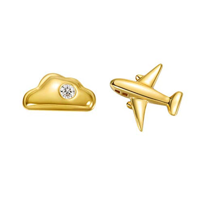 Carleen 18k Solid Yellow Gold Cloud & Airplane Stud Earrings Dainty Tiny Single Statement Earring Delicate Fine Diamond Stud Earring For Women