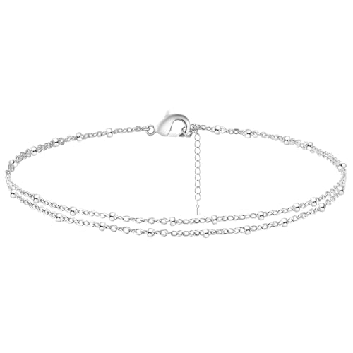 Rotnso Anklets for Women 14K Gold Silver Plated Ankle Bracelets Trendy Waterproof Boho Anklets Set Adjustable Dainty Cute Diamond Beaded Heart Non Tarnish Summer Beach Jewelry Gift - style: 2 Layered Square Bead-SL