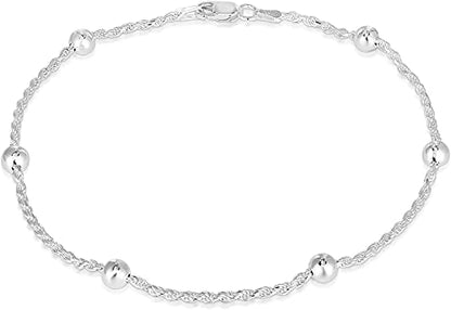 Savlano 925 Sterling Silver 9, 10 Inches Chain Anklet for Women Comes With a Gift Box - style: Rope/4mm Bead