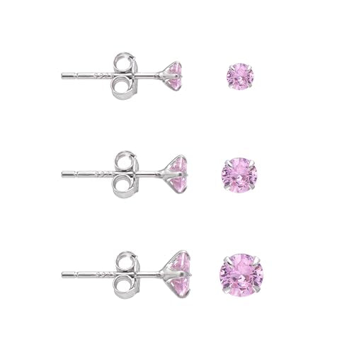 3 Pairs Color Zirconia Earrings Studs, Sterling Silver Studs Earrings Set 3MM 4MM 5MM - color: Pink