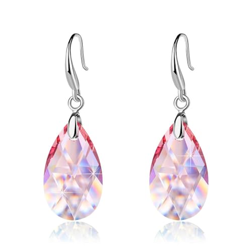 Austrian Crystal Teardrop Dangle Hook Earrings for Women 14K Gold Plated Hypoallergenic Jewelry - color: Pink