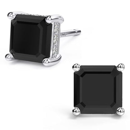Asscher Cut Cubic Zirconia Stud Earrings for Men Women | Square CZ Simulated Diamond Studs, 18K White Gold Plated Sterling Silver - color: Black, size: 6MM