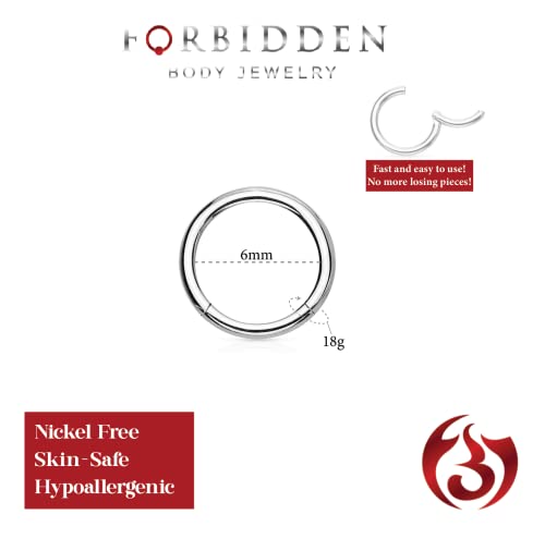 Forbidden Body Jewelry 316L Surgical Steel Hinged Seamless Nose Rings Hoop 14G 16G 18G, Diameter 6mm 8mm 10mm 12mm, Gold/Rose Gold/Silver/Black/Rainbow Colors. - style: 18g 6mm - Silver