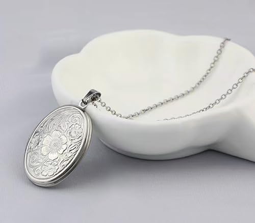 YOUFENG Oval Round Flower Locket Necklace that Holds Pictures Photo Locket Pendant - style: Oval Silver-plated