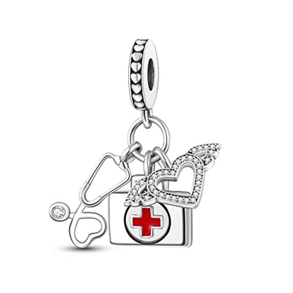 925 Sterling Silver Charm for Bracelet Necklace Women Dangle Pendant Beads | Love Faith Mom Ocean travel Butterfly Party Charm Beads Pendants DIY Jewelry Gift - color: Stethoscope First Aid Kit Pendant