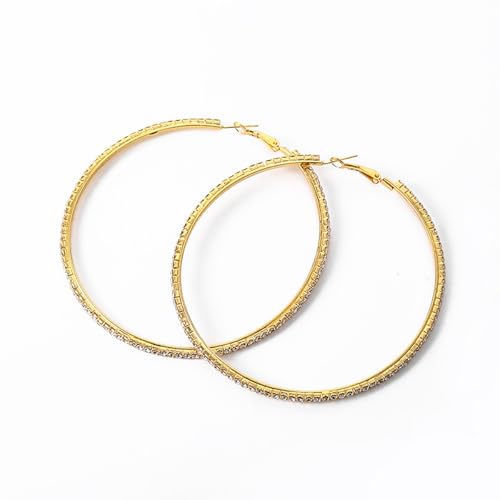 80mm Rhinestone Hoop Earrings for Women Sparkly Earrings Cubic Zirconia Circle Earring Exaggerated Prom Earring Large Rhinestones Round Hoop Earrings Silver Prom Jewelry for Party Wedding Birthday - color: Gold