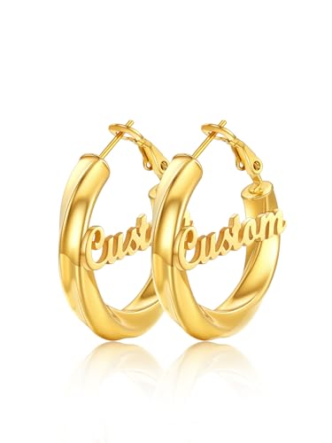 FindChic Twisted Hoop Earrings for Women, Silver/Black/14K Gold Plated Hypoallergenic Hollow Tube Rounded Loop Earrings, 30mm/40mm/60mm/80mm Hoops with Custom Name Options and Gift Box - color: f.Gold (Custom Name), size: 30MM