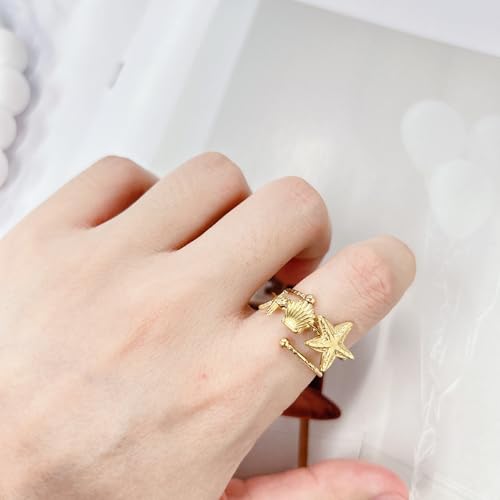 Bohemian Starfish Shell Finger Statement Ring for Women Gold Plated Dainty Seashell Star Wrap Open Adjustable Layered Thin Band Stacking Comfort Fit Stainless Steel Summer Beach Ocean Holiday Jewelry