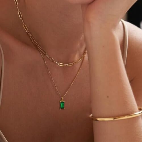 Dainty Gold Charm Necklaces for Women Non Tarnish, 14K Trendy Blue Green Cubic Zirconia Emerald Pendant Birthstone Necklaces Birthday Gifts for Women Waterproof Jewelry - color: 05-May(Emerald)