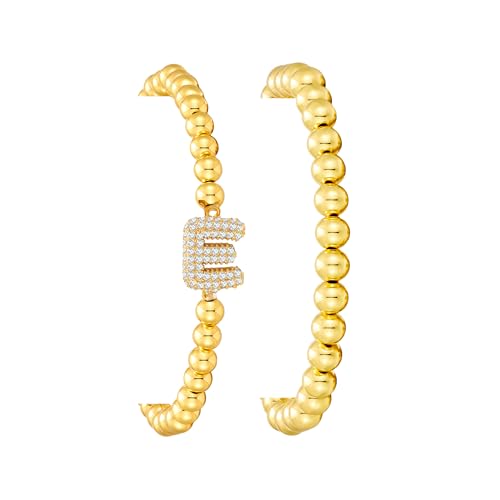 Initial Stack Bracelet Set for Women Trendy 14K Gold Plated Beaded Stackable Stacking Stretch Name Bracelets Dainty Friendship Waterproof Charm Cute Birthday Jewelry Gifts for Women - color: Initial E