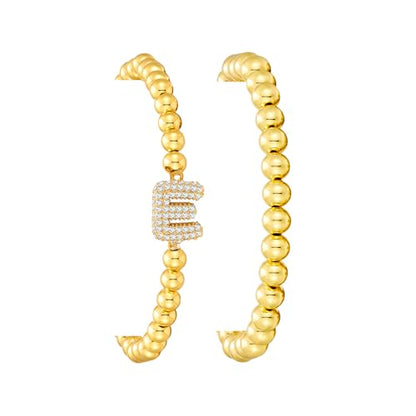 Initial Stack Bracelet Set for Women Trendy 14K Gold Plated Beaded Stackable Stacking Stretch Name Bracelets Dainty Friendship Waterproof Charm Cute Birthday Jewelry Gifts for Women - color: Initial E