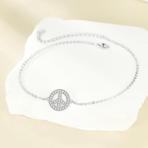 925 Sterling Silver Anklet Foot Bracelet with Crystal from Austria, Anklet Jewelry Gifts for Women 11 Inch Adjustable - style: Peace Sign
