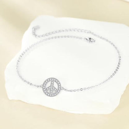 925 Sterling Silver Anklet Foot Bracelet with Crystal from Austria, Anklet Jewelry Gifts for Women 11 Inch Adjustable - style: Peace Sign