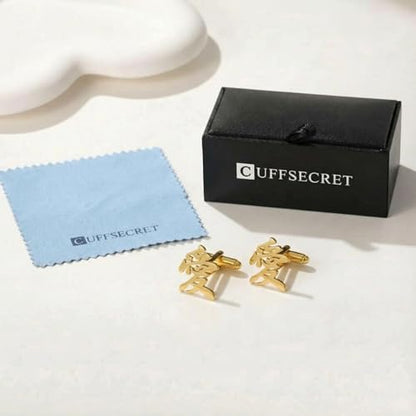 Men’s Chinese Love Symbol Cufflinks – Stainless Steel Cultural-Themed Cuff Links with Gift Box & Polishing Cloth – Available in Silver & Gold - color: golden