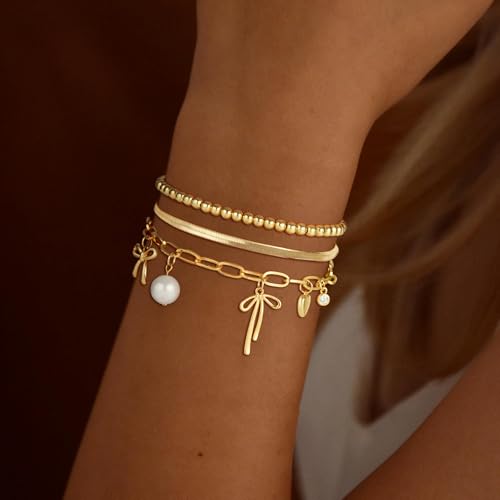 3PCS Charm Gold Bracelets for Women Non Tarnish,14k Plated Gold Bracelet Stack Cute Dainty Stackable Trendy Bow Cross Clover Bracelets Set Tarnish Free Gold Jewelry for Women Gifts - color: Pearl Bow-Gold
