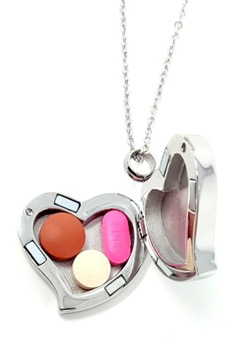 Amour Heart Pill Necklace - Polished Heart Locket with Strong Magnetic Closure - Medication Necklace - Keep Your Medication Securely with You at All Times - 26 Inch Chain - color: Silver with Cubic Zirconia
