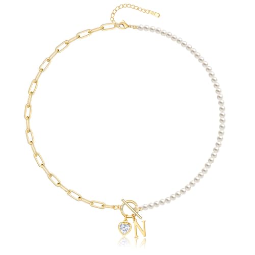 Initial Pearl Necklace for Women, 14K Gold Plated Paperclip Chain | Toggle Clasp, Heart CZ Initial Necklace,Gold Necklace for Women,Bridesmaid Wedding Gifts Jewelry - color: Gold-N