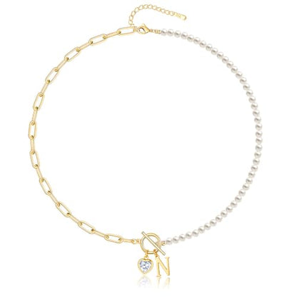 Initial Pearl Necklace for Women, 14K Gold Plated Paperclip Chain | Toggle Clasp, Heart CZ Initial Necklace,Gold Necklace for Women,Bridesmaid Wedding Gifts Jewelry - color: Gold-N