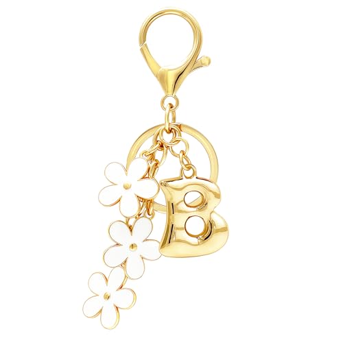 Floral Series Initial Bag Charm, Cute Flower & Bubble Letter Purse Charms, Keychain Accessories Gift for Women - color: White Flower, style: B