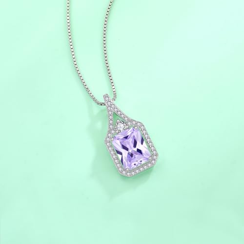Created Gemstone Necklace 925 Sterling Silver Halo Rectangular Pendant Birthstone Necklaces Jewelry Gifts for Women - color: 06 June - Alexandrite