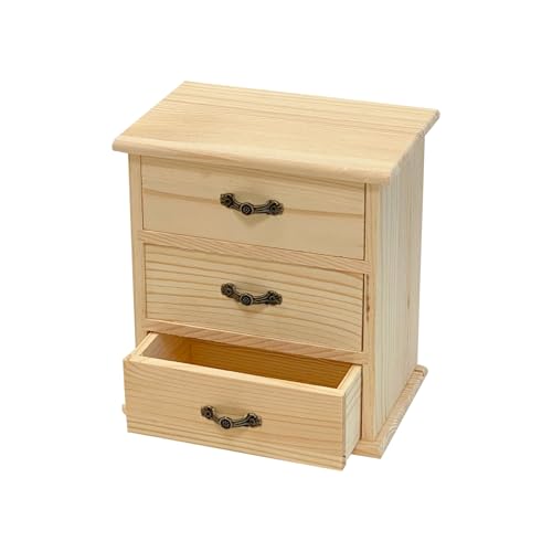 2 Pack Wooden box with 3 Mini Drawers for Jewellery,Unfinished Wood Surface Box, Small Wooden Organizer Storage Box for Arts Crafts DIY Project