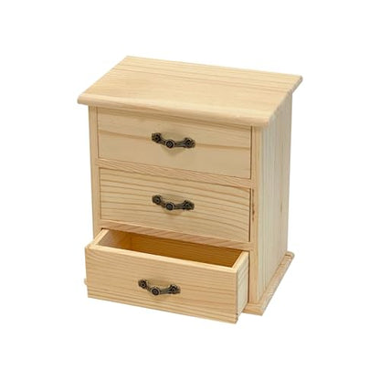 2 Pack Wooden box with 3 Mini Drawers for Jewellery,Unfinished Wood Surface Box, Small Wooden Organizer Storage Box for Arts Crafts DIY Project