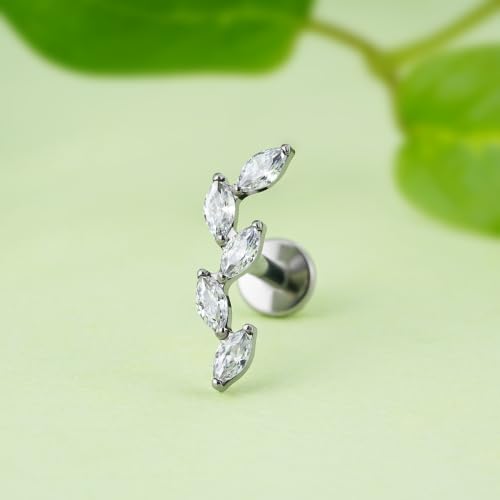 FINE4U 16G CZ Cluster Climber Cartilage Earring for Helix, Tragus - ASTM F136 Titanium Triple Marquise Labret Stud, Screw on Nickel Free Flat Back Jewelry - color: Five Marquise - Clear CZ - Tit