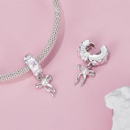 Heart Charm Clip Lock Spacer Stopper Charm Bead Bracelet 925 Sterling Silver Charms Safety Chain for Pandora Bracelets - color: Bow Pendant