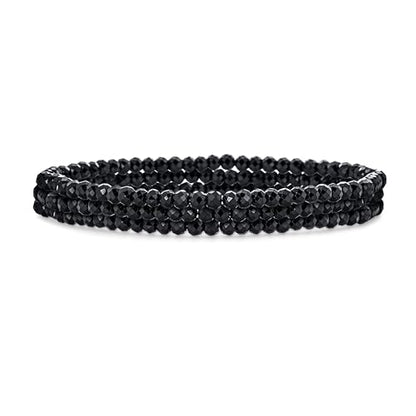 Natural Stones Mini Seed Bead Stretch Bracelet Stackable Strands (Set of 3) - color: Black Spinel Set