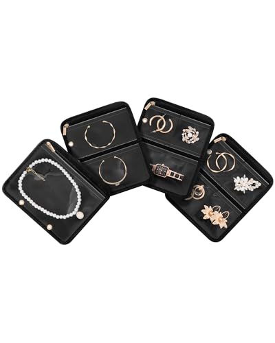 Lolalet Travel Jewelry Organizer Storage Bags, 4 Pcs Transparent Velvet Pouches with Compartments & Zippers for Jewelry Display of Earrings, Rings, Necklaces & Bracelets for Girls Women -Black - color: Black- 4PCS Inner Pouches