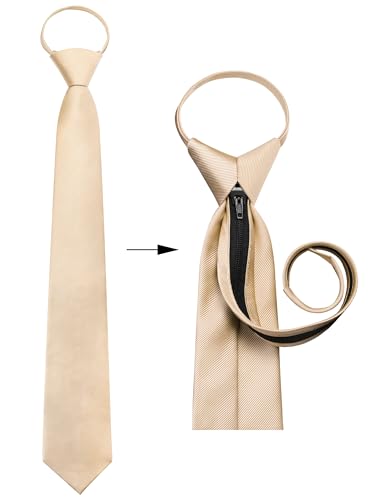 GUSLESON 3.15"（8cm） Mens Pre-tied Adjustable Zipper Tie Solid Necktie for Business and Wedding - color: Champagne