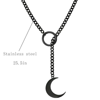 Choker Necklace for Women Gothic Goth Stainless Steel Slip Chain Chunky Long Drop Mens Punk Necklace Jewelry Gift - style: Black Moon