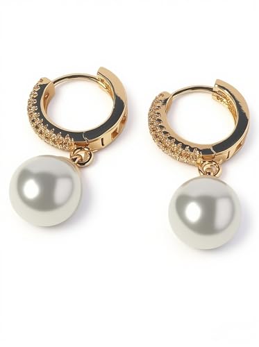 Pearl Drop Hoop Earrings for Women, Gold Plated CZ Pearl Dangle Earrings, 10mm Shell Pearl, Elegant Dainty Earrings for Office Date Night