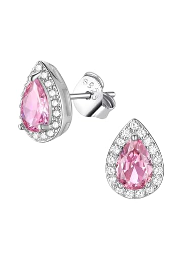 FindChic Birthstone Earrings for Women, Round/Heart/Square/Teardrop Earrings with 925 Sterling Silver Posts & Push Backs, Hypoallergenic Studs with Cubic Zirconia, 12 Months Jewelry with Gift Box - style: 10. October-Pink Tourmaline (Teardrop)