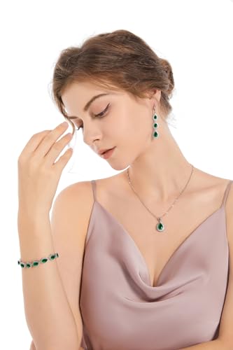 LMXXVJ Necklace Long Earrings Bracelet Set, White Gold Plated Created Blue Sapphire Jewelry Set Wedding Party Gift Jewelry for Women Bridal Bridesmaid