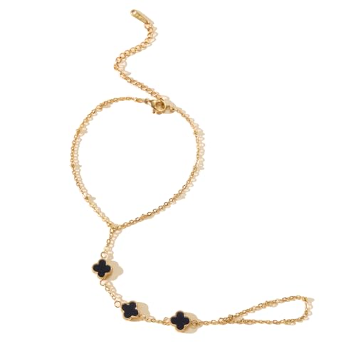 Hand Chain Bracelets for Women 14K Gold Plated Dainty Link Bracelet Bracelets Trendy Ring Bracelet Birthday Jewelry Gifts for Women - style: Black Clover