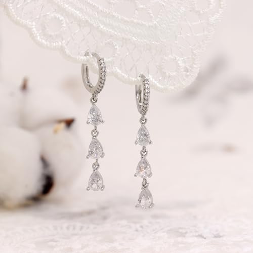 Sonateomber Gold Silver Small Hoop Dangle Earrings for Women, Trendy Dainty Rhinestone CZ Dangling Prom Wedding Leaf Flower Snowflake Butterfly Starfish Fashion Jewelry Gift - color: Silver Teardrop