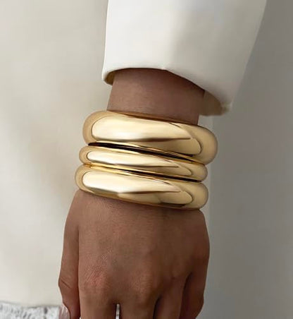 Chunky Gold Bangle Bracelets for Women, Dainty 14k Gold Plated Big Stackable Bangles Set, Trendy Statement Cuff Bracelet Stack Fashion Jewelry Gifts - style: 3 Thick gold bangles