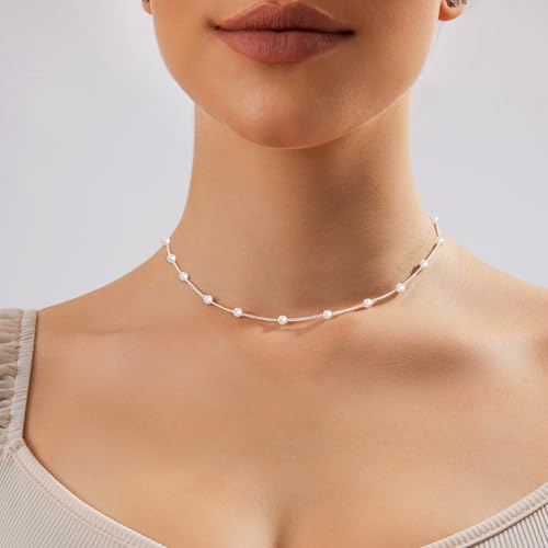 Zeffy Pearl Necklace 4MM/6MM/8MM Dainty Round Imitation Pearl Choker Necklace Wedding Pearl Necklace Delicate Jewelry for Women Simple Bridesmaid Jewelry Gifts - style: 4mm Silver Satellite Pearl Necklace(14"+2")