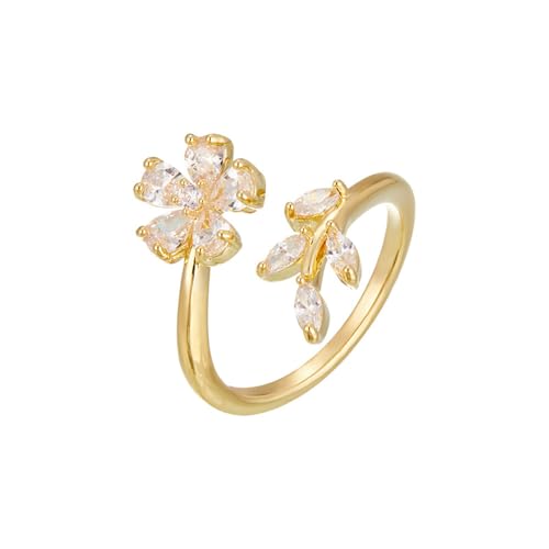 Kokoma Delicate Flower Leaf Wrap Finger Ring for Women Pink Cubic Zirconia Crystal Floral Statement Ring Promise Engagement Rings Adjustable Open Band - color: White
