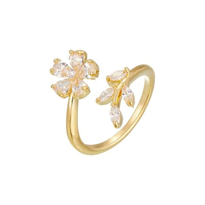 Kokoma Delicate Flower Leaf Wrap Finger Ring for Women Pink Cubic Zirconia Crystal Floral Statement Ring Promise Engagement Rings Adjustable Open Band - color: White