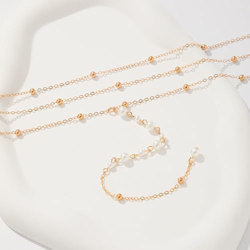 Trendy Gold Layered Small Beaded Pearl Long Tassel Lariat Y Necklaces for Women, Dainty Beads Pearls Drop Necklace Statement Charm Party Jewelry Gift - color: Gold