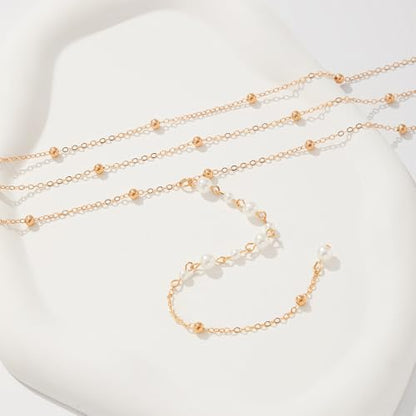 Trendy Gold Layered Small Beaded Pearl Long Tassel Lariat Y Necklaces for Women, Dainty Beads Pearls Drop Necklace Statement Charm Party Jewelry Gift - color: Gold