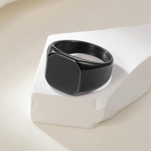 PAURO Unisex Stainless Steel Minimalist Square Enamel Signet Ring Plated Glossy Wedding Band - color: Black