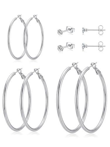 5 Pairs Silver Gold Stud Hoop Earrings for Women, Hypoallergenic 14K Gold Plated Trendy Stud Hoop Earrings Set for Sensitive Ears, Lightweight Big Hoops Earring Stacks for Multiple Piercing Jewelry Gift - color: Silver-40/50/60mm