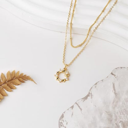 MJartoria 14K Gold Plated Gold Layered Necklace, Heart Butterfly Star Moon Pendant Necklace for Women, Dainty Jewelry Gifts for Mom, Wedding, Party, Daily Wear - style: Star Moon