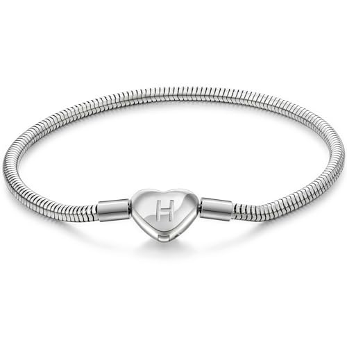 Initial Bracelet Heart Clasp Stainless Steel Snake Chain Alphabet Letter Charm Gift for Women Mom Girlfriend Wife - style: H